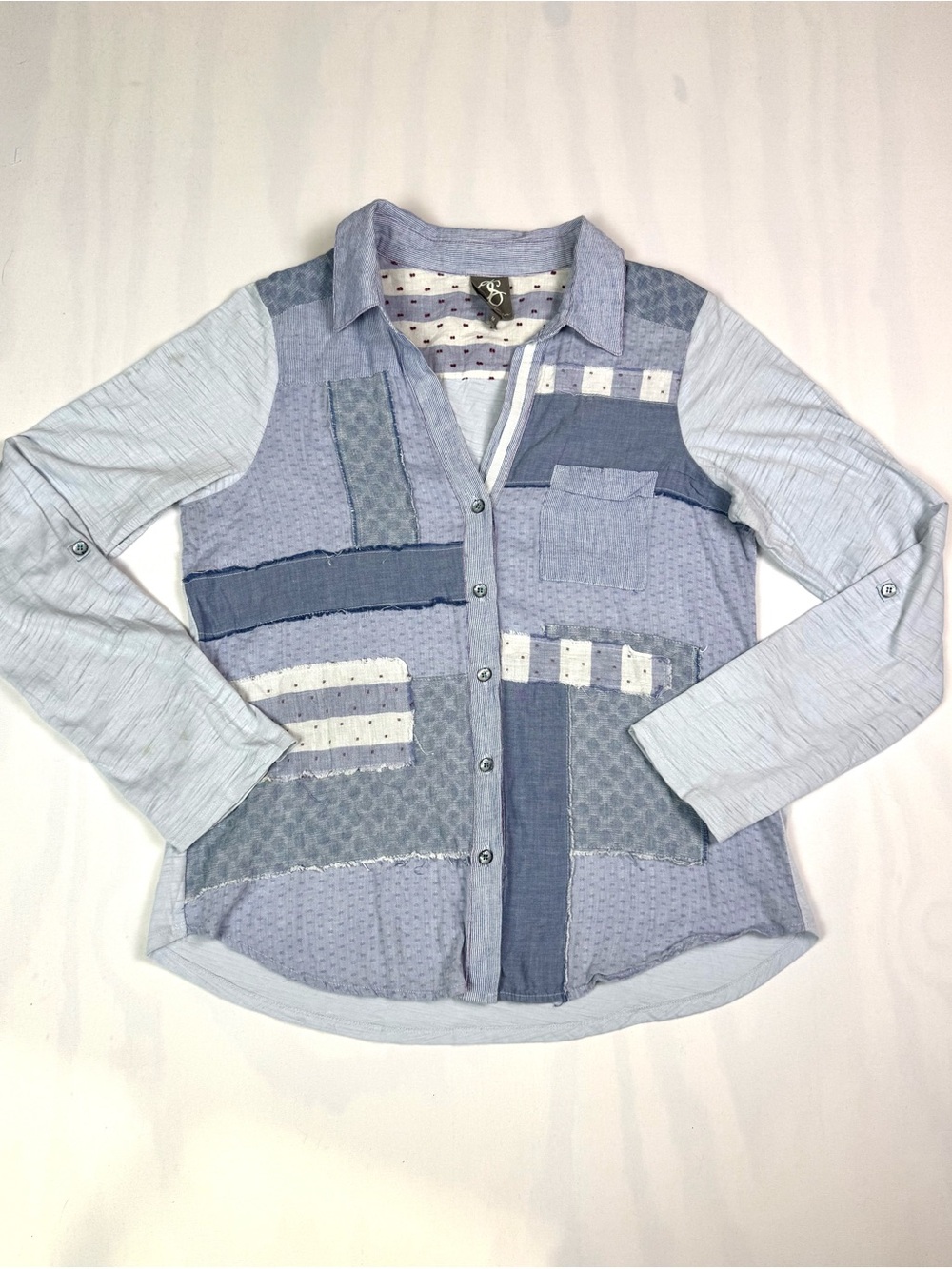 Anthropologie One September Blue Patchwork Button Up Shirt Boho Women's M